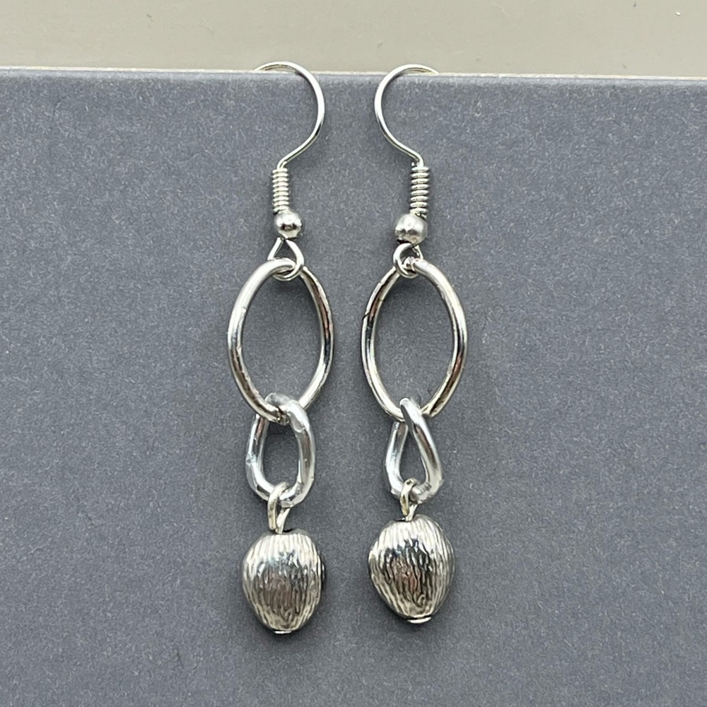 Elegant Silver Tone Linked Oval Drop Earrings-Textured Bead Dangle
